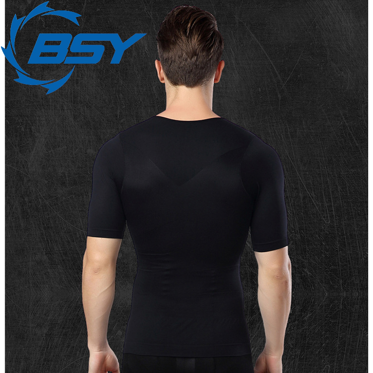 男性2016新しいスタイルウエスト痩身ハイテクナイロン&スパンデックス取り付けた半袖シェイパーtシャツで黒-補正下着問屋・仕入れ・卸・卸売り