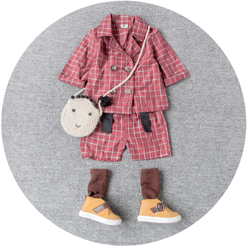 YF7189春新しいスタイルグリッド子供服男の子赤ちゃん学校スーツ-キッズ服　シャツ、トップス問屋・仕入れ・卸・卸売り