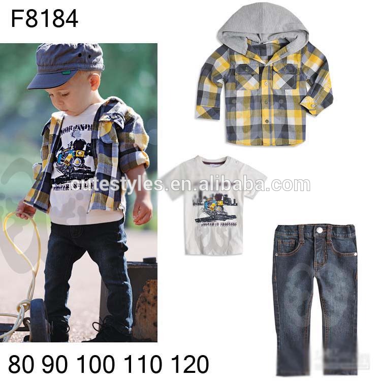 ファッションジーンズ黄色の格子縞のhoodieのスエットシャツ半袖tシャツロングcs40410-57男の子のスーツのズボン-キッズ服　セット問屋・仕入れ・卸・卸売り