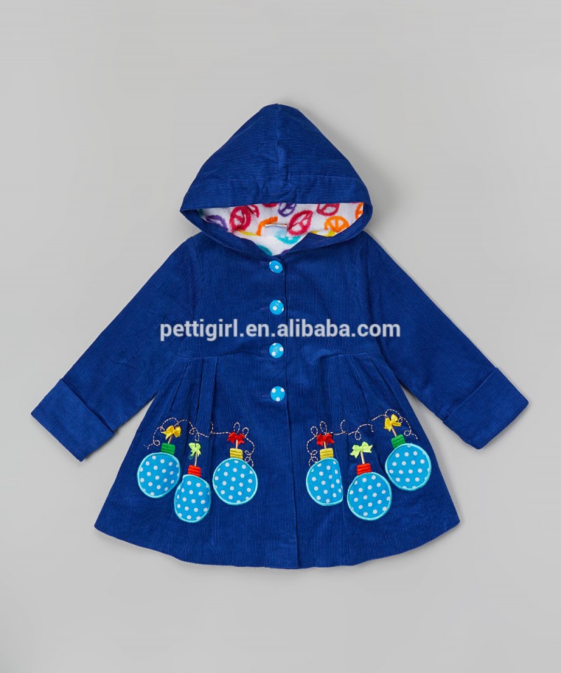 新しいスタイルの女の子コートでブルークリスマス飾りアップリケスイングコート女の子生き抜く子供服Z-OC80627-46-キッズ服　コート問屋・仕入れ・卸・卸売り