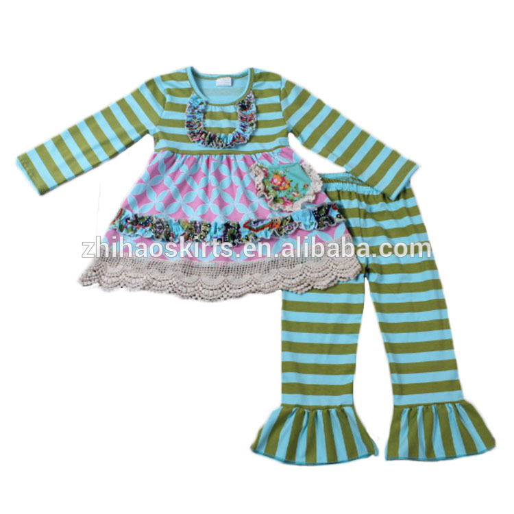 新しいデザインの女の子服長袖ストライプの衣装卸売子供服新生児服-キッズ服　セット問屋・仕入れ・卸・卸売り