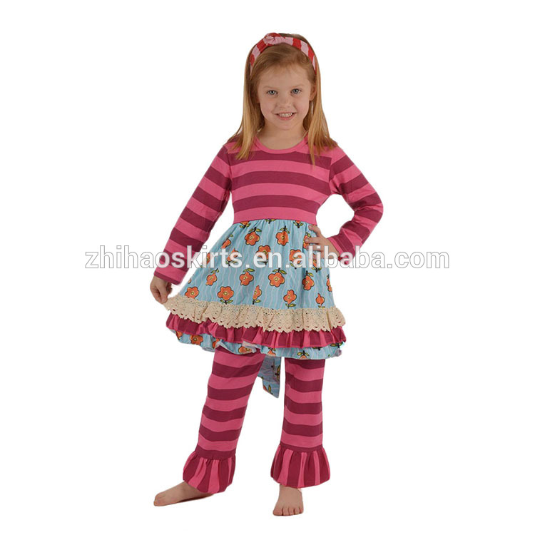 新しいプリント花ホットピンクストライプかわいい冬の摩耗赤ちゃんの女の子ブティック服セット-キッズ服　セット問屋・仕入れ・卸・卸売り