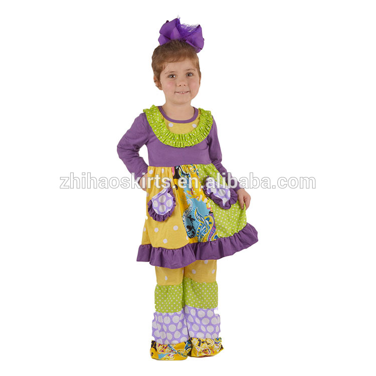 ファッション冬服紫色の花プリント2ピースロングトップ女の子の綿ニットパンツセット-キッズ服　セット問屋・仕入れ・卸・卸売り
