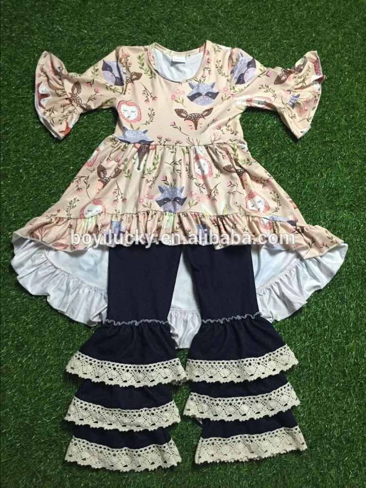 2016卸売子供ブティックカジュアル子供服のための秋の服子供の服ポピーフォックスドレスでレースパンツセット-キッズ服　セット問屋・仕入れ・卸・卸売り