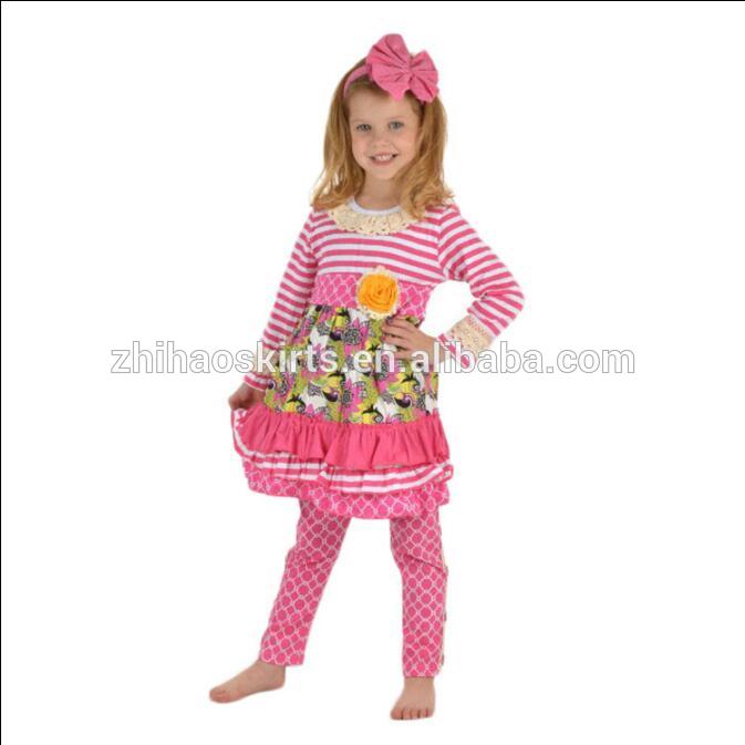 高品質の子供ブティック服ピンクストライプトップでマッチング四葉レギンス女の子綿の服-キッズ服　セット問屋・仕入れ・卸・卸売り