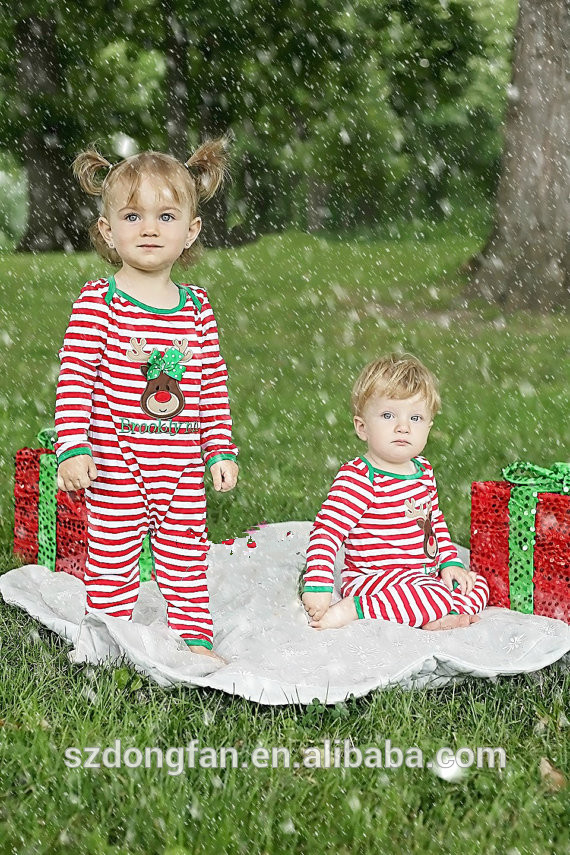 女の子クリスマスパジャマ赤と白のストライプグリーントリムトナカイアップリケ付き弓カスタムパーソナライズ名前-パジャマ問屋・仕入れ・卸・卸売り