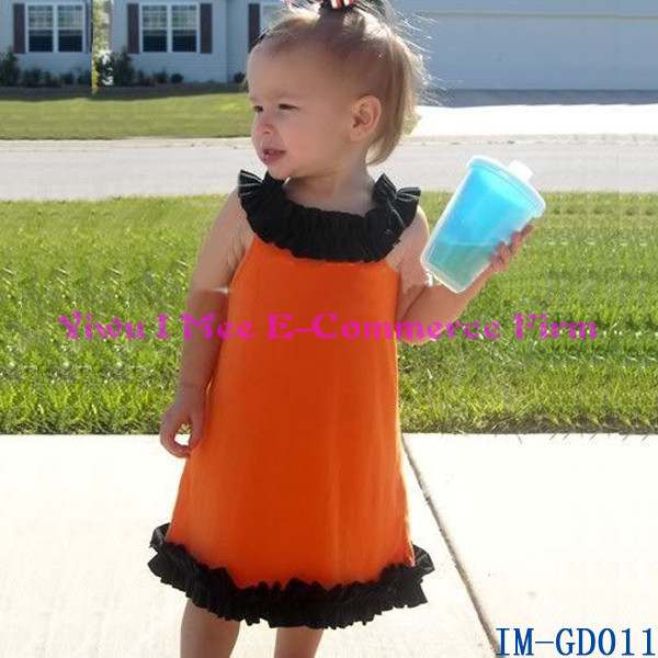 高品質の子供女の子オレンジハロウィンの服ファッションの赤ん坊の袖なしの綿黒im-gd011フリルが付いているドレス-ジュニア服（女）ドレス問屋・仕入れ・卸・卸売り