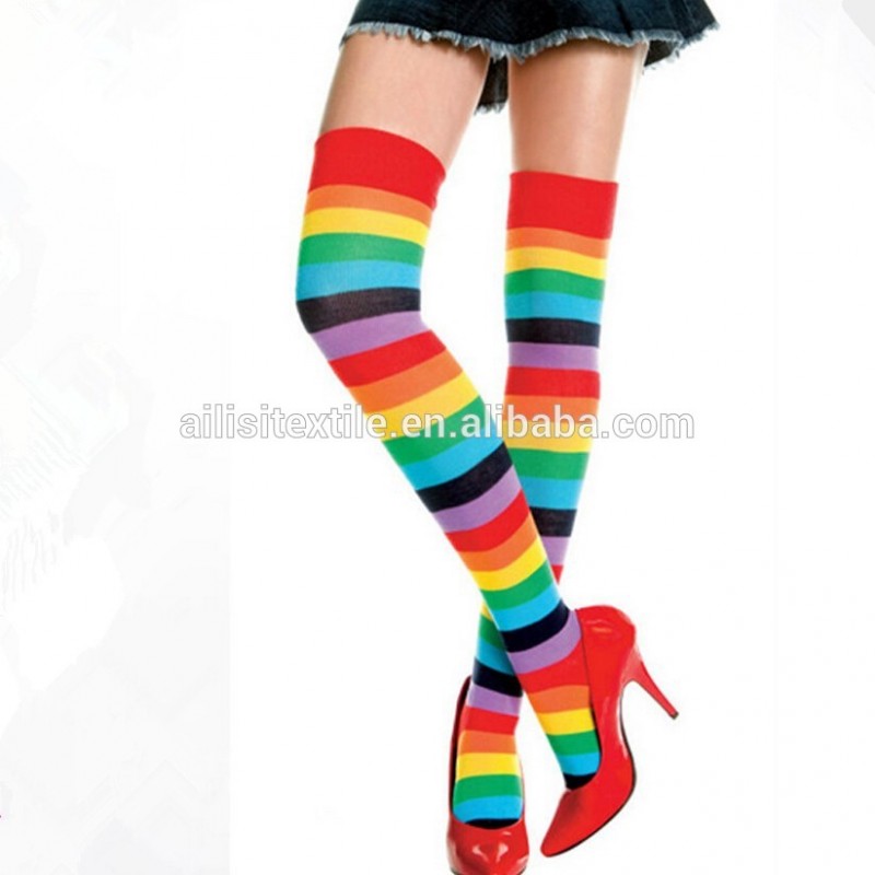 女性の虹過膝高靴下卸売女性のストライプニーハイニット虹靴下の女性古典的な縞模様の靴下-レッグウォーマ問屋・仕入れ・卸・卸売り