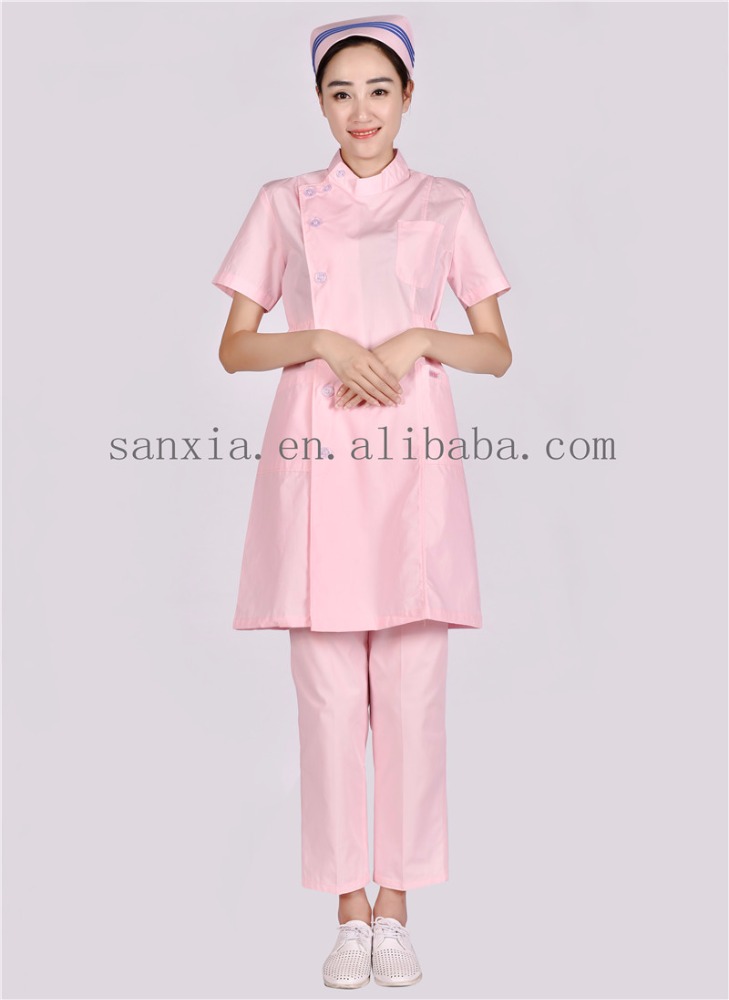 ピンクスタンド半袖襟女性ナース制服-医療スタッフ制服問屋・仕入れ・卸・卸売り