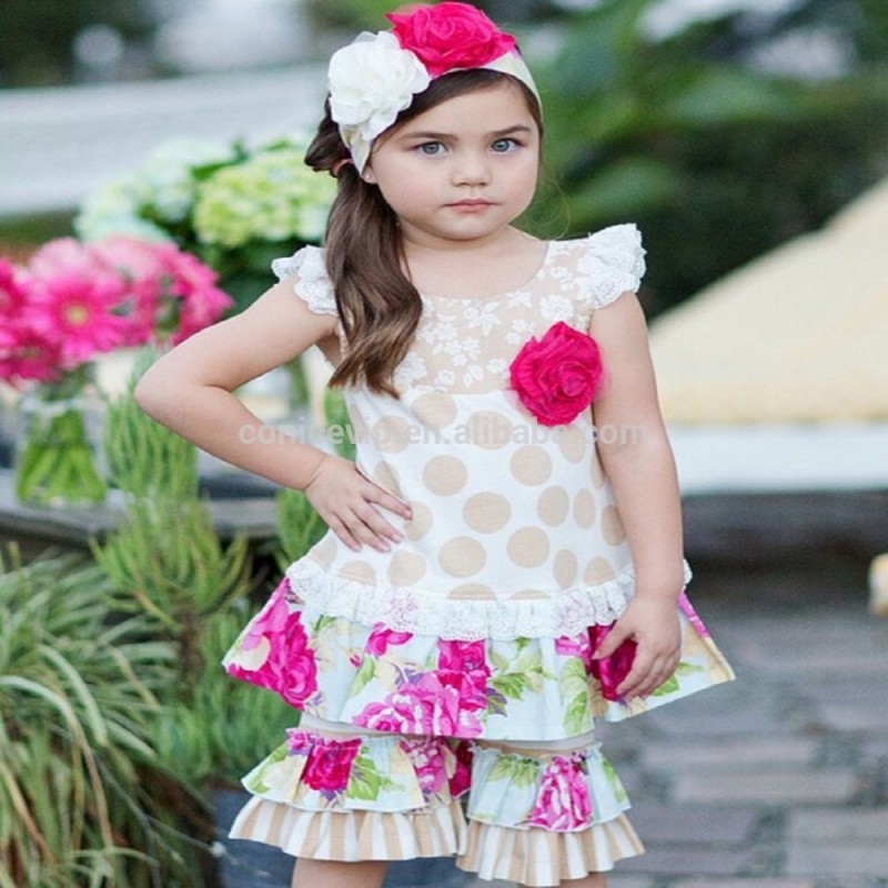 赤ちゃんの女の子夏ドラポロドットプリント花ブティック衣装-ベビー服セット問屋・仕入れ・卸・卸売り