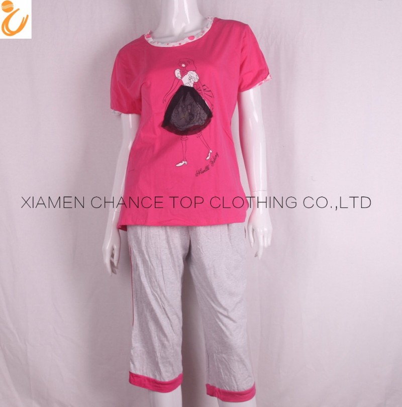 女性のnightwear100 %コーマ綿ピンクカラーレースパッチ安いパジャマセット-パジャマ問屋・仕入れ・卸・卸売り