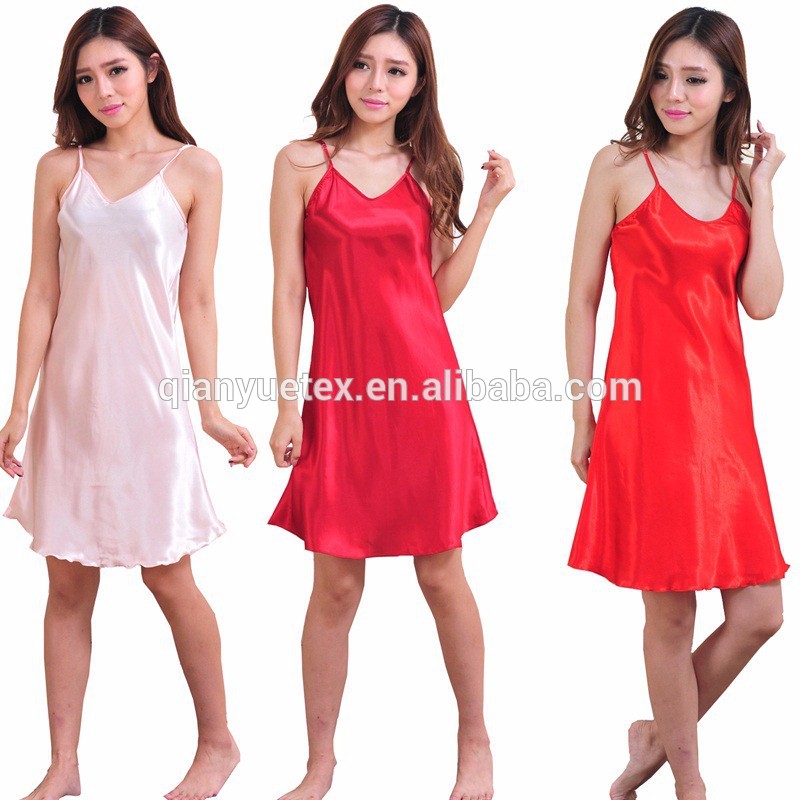 赤い絹のようなサテンナイトウェア女性シュミズ卸売-パジャマ、寝間着問屋・仕入れ・卸・卸売り