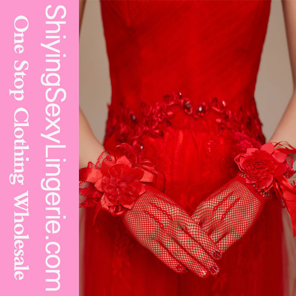 アリババチャイナ2015赤いサテンのバラのアクセント魚網手袋短い結婚式の手の手袋-ウエディンググローブ問屋・仕入れ・卸・卸売り